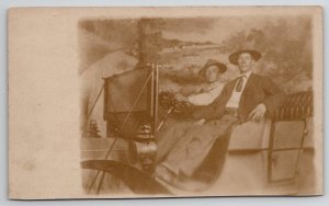 RPPC Two Handsome Men Automobile Studio Prop Backdrop Postcard G28