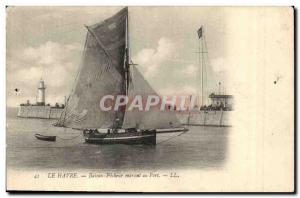 Old Postcard Lighthouse Havre Fisherman Boat entering the port