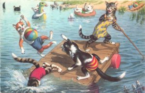 Postcard 1950s Mainzer Dressed Cats rafting comic humor TP24-379
