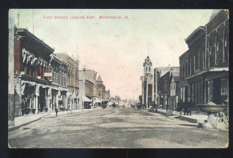 MONTICELLO IOWA DOWNTOWN FIRST STREET SCENE VINTAGE POSTCARD MARSHALL MO.