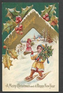 POST CARD  VINTAGE XMAS GREETING W/CHILDREN IN SNOW EMBOSSED UNPOSTED