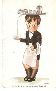 Hertogs. Caricature. Raining  Old vintage Spanish, artist signed, Postcard