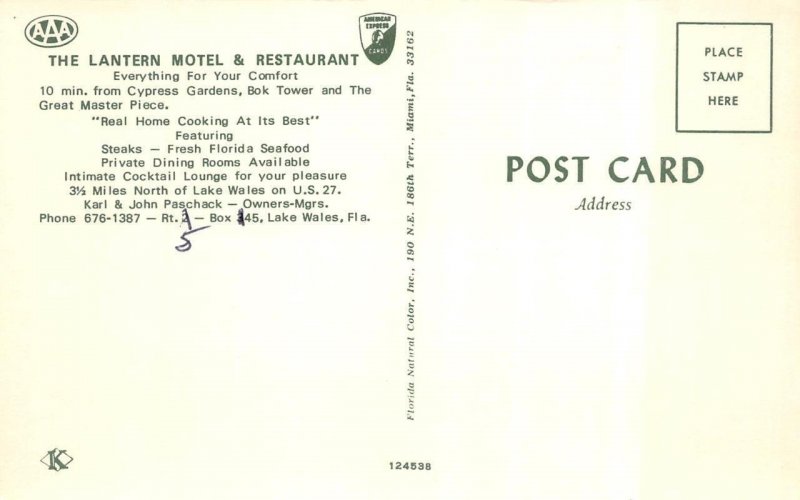 Lake Wales, FL Florida  LANTERN MOTEL & RESTAURANT~Interior  ROADSIDE  Postcard