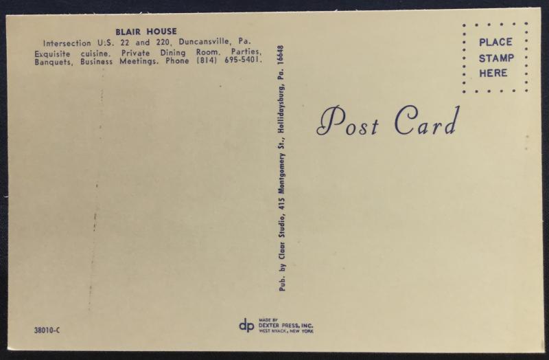 Postcard Unused Blair House Duncansville PA LB