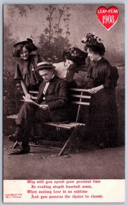 K50/ Leap Year 1908 Holiday Postcard Man Woman Love Park Bench 43