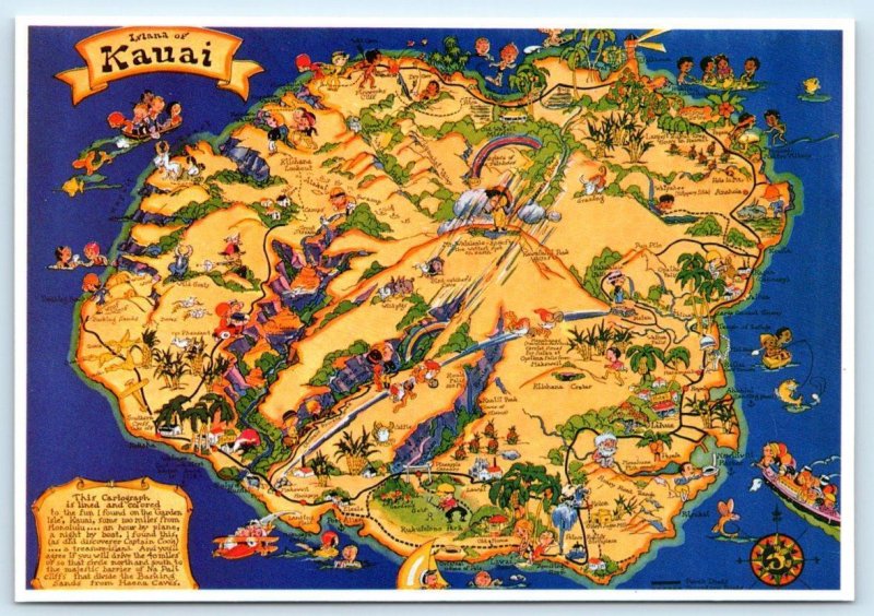 ISLAND of KAUAI, Hawaii HI ~ ILLUSTRATED MAP Cartograph  4x6 Postcard