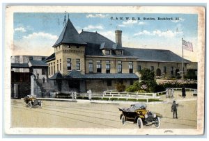1916 RR Station Exterior Building Classic Cars Street Rockford Illinois Postcard