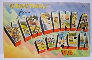 Greetings From Virginia Beach Large Big Letter Linen Postcard Tichnor Unused