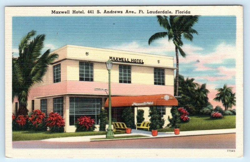 FORT LAUDERDALE, Florida FL ~ Roadside MAXWELL HOTEL ca 1940s Linen Postcard 