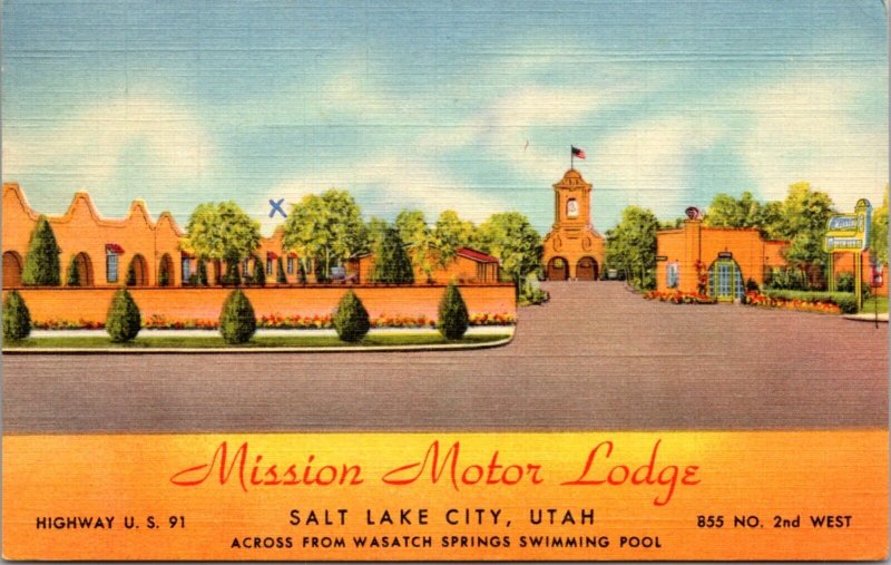 Linen Postcard Mission Motor Lodge Highway 855 No. 2nd St. Salt Lake City, Utah