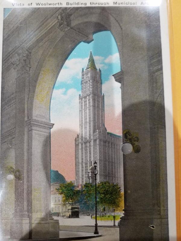 Antique Postcard, Vista of Woolworth Building through Municipal Arch