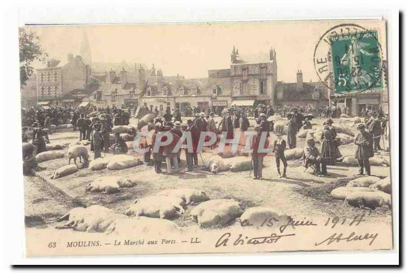 Moulins Old Postcard The market pigs TOP