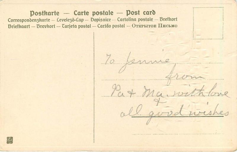 c1910 Arts & Crafts/ Art Deco Birthday Greeting Postcard Clover Embossed Germany 