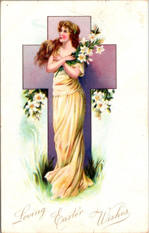 Postcard Beautiful Woman Standing Inside Purple Cross Holding Easter Lilies