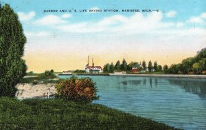 Vintage Postcard Harbor & U. S. Coastguard Life Saving Station Manistee Michigan