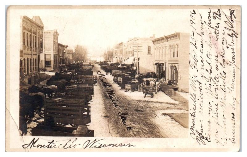 1906 RPPC North Main St, Horse-Drawn Sleighs, Monticello, WI Real Photo Postcard