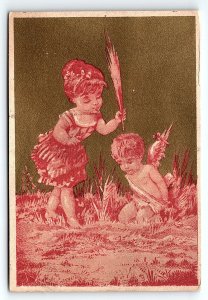 c1880 BOY AND GIRL CHERUB BOW AND ARROW VICTORIAN TRADE CARD P1743