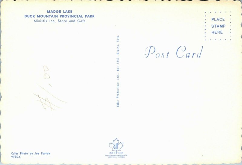 Postcard SK Madge Lake Duck Mountain Provincial Park Ministik Inn 1970s K56
