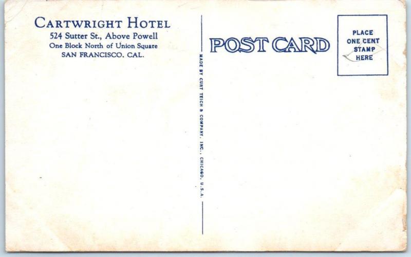 SAN FRANCISCO, California  CA   HOTEL CARTWRIGHT Sutter Street  c1920s  Postcard