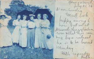 J52/ Youngstown Ohio RPPC Postcard c1910 Blue Tint Women Umbrella 46