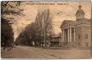 Town Hall and North Main Street, Homer NY c1929 Vintage Postcard F55