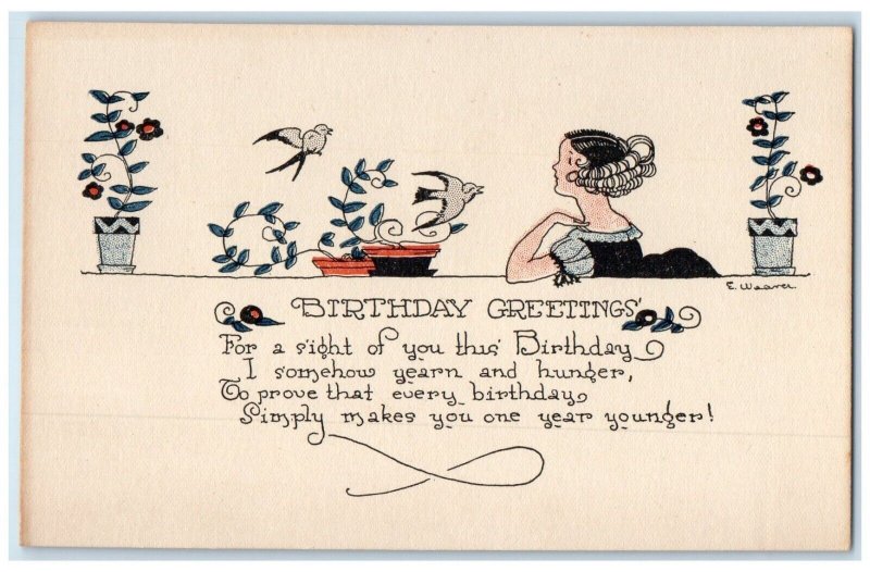c1910's Birthday Greetings Woman Birds And Flowers Weaver Antique Postcard