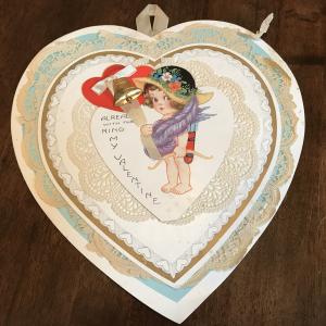 Large Vintage Valentine Heart Decoration w/ Cupid Girl In Hat Ringing A Bell