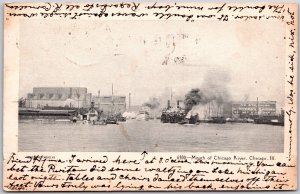 Chicago Illinois IL, 1907 Mouth Of Chicago River, Steamships Waterfront Postcard