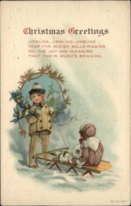 Christmas Little Boy Pulls Girl on Sled Bobsled Embossed Border Vintage Postcard