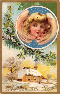 New Year Greetings Angel Snow Covered Cottage Antique Postcard J40667