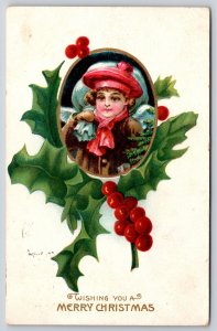 Wishing You A Merry Christmas~Girl W/ Bag Portrait & Holly~PM 1909~Vintage PC