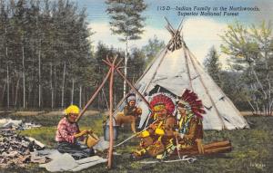 Indian Family in the Northwoods Superior National Forest 1940s Postcard