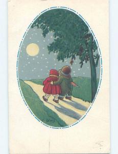 Pre-Linen foreign signed GIRL AND BOY WALKING ON MOONLIT NIGHT HL8309