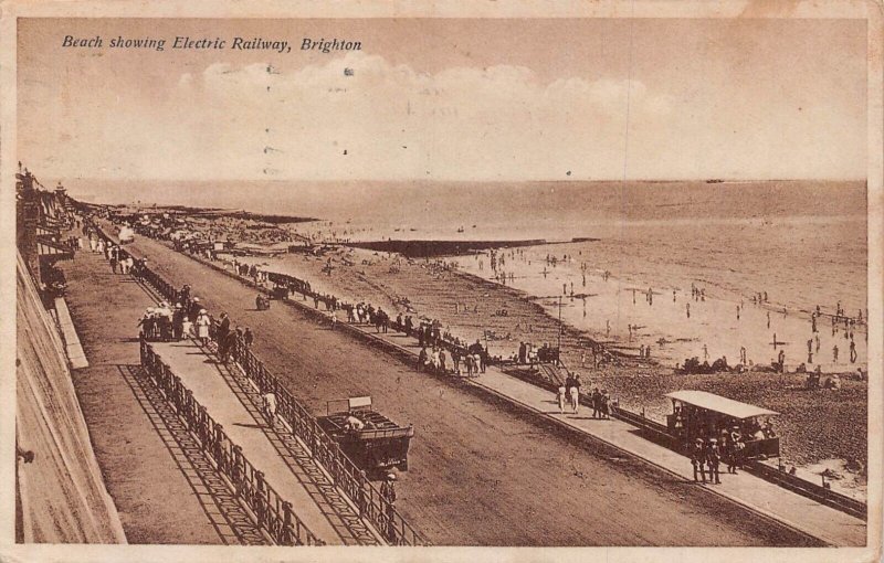 BRIGHTON ENGLAND~BEACH SHOWING ELECTRIC RAILWAY~1920s PHOTO POSTCARD