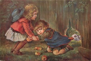 B572 Punished theft a goose pecks at a girl dress with its beak vintage postcard