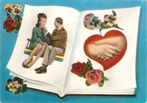 Open book with couple, heart, flowers Modern Italian, artist drawn, postcard