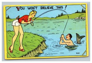 Vintage 1948 Postcard Skimpy Dressed Woman Fisherman Catches a Merman FUNNY