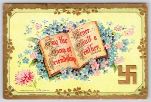 Pink Blue Flowers~Charles Dickens Quote on Open Book~Good Luck Swastika~c1910