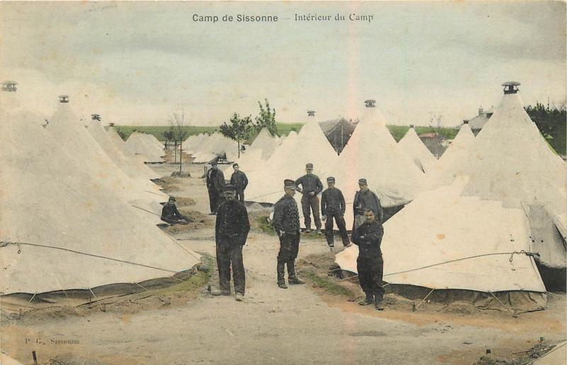 Camp de Sissonne. Interieur de Camp Handcolored Postcard. Tents