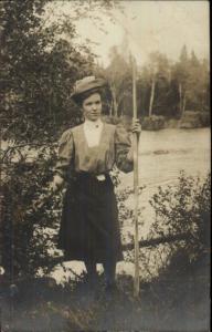 Woman at Water's Edge Holding Rowing Oar c1910 Real Photo Postcard myn