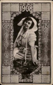 New Year 1908 Pretty Woman with Calendar Real Photo Vintage Postcard