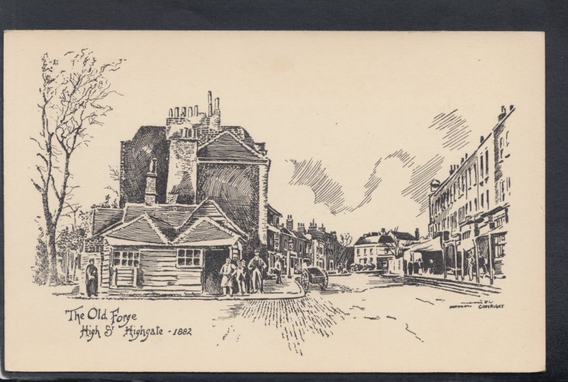 London Postcard - Pencil Sketch of The Old Forge, High Street, Highgate  HM324