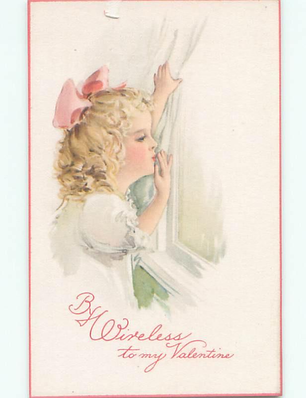 Unused Pre-Linen valentine BY WIRELESS - GIRL BLOWS A KISS FROM THE WINDOW k9379