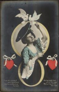 Beautiful Woman Gold Wings Marriage Wedding Doves Hearts Tinted RPPC #1