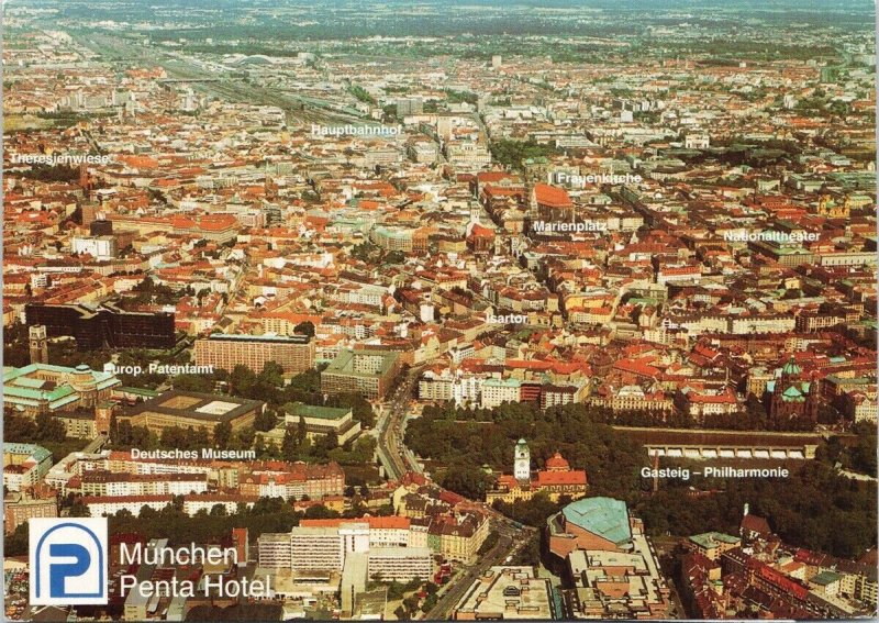 München Penta Hotel Munich Germany Aerial View Vintage Postcard C3