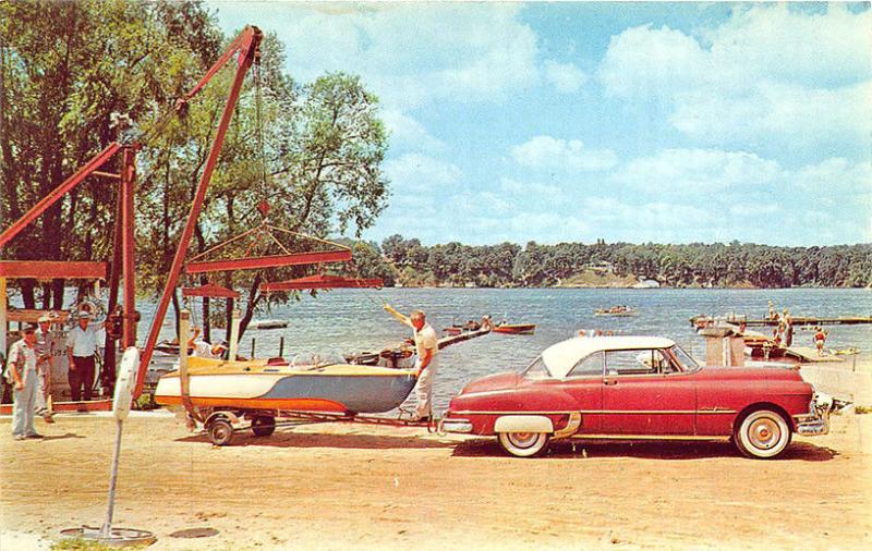 Frazier's Beach IN And Boat Landing Chevrolet Old Boat Trailer Postcard