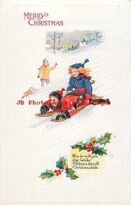 Christmas, Carrington No 116-1, Children Sleigh Riding in Snow, Holly