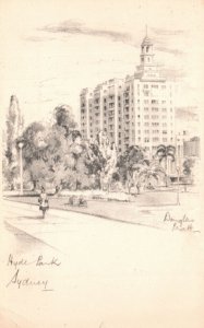 Vintage Postcard 1910's Hyde Park Elizabeth Street Sydney Artwork Pencil Sketch
