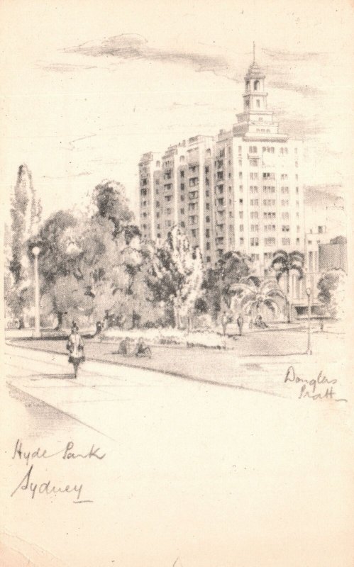 Vintage Postcard 1910's Hyde Park Elizabeth Street Sydney Artwork Pencil Sketch