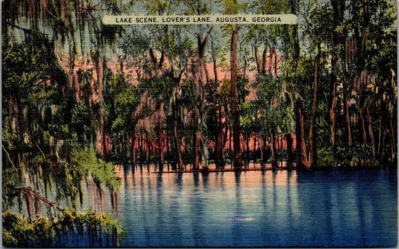 Vtg 1940s Lake Scene Lovers Lane Augusta Georgia GA Linen Postcard